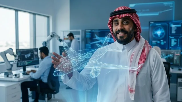 Saudi Engineer holding Airplane Hologram in High-Tech Lab