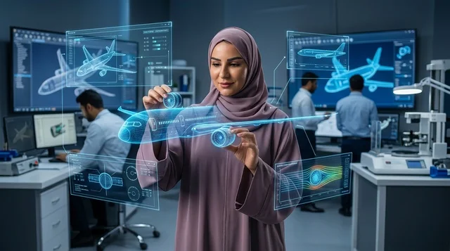 Arab Female Engineer with Aviation Hologram in Lab