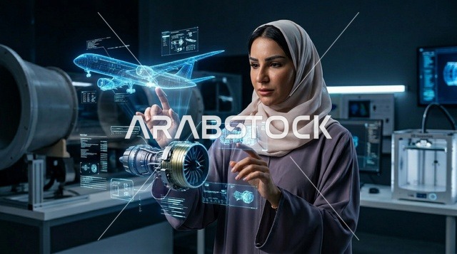 مهندسة طيران عربية تتفاعل مع هولوغرام طائرة ثلاثي الأبعاد