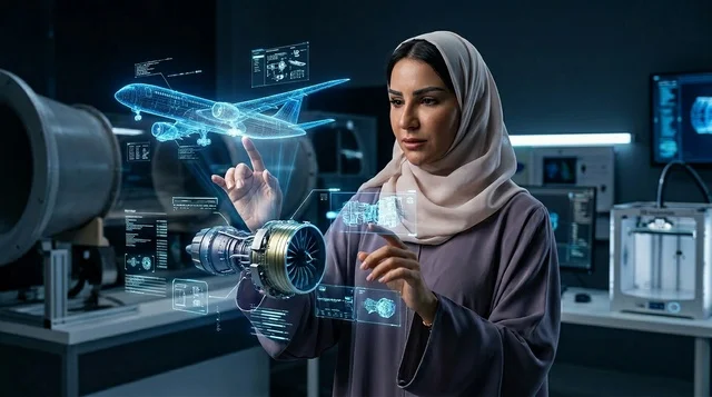 Arab Female Engineer with Airplane Hologram in Lab