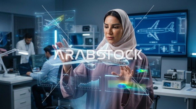 مهندسة طيران سعودية تتفاعل مع مجسم هولوغرام طائرة