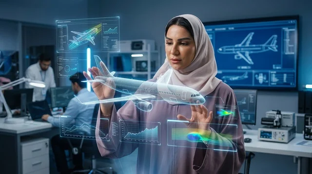 مهندسة طيران سعودية تتفاعل مع مجسم هولوغرام طائرة
