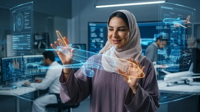 Emirati Female Engineer Designing Hologram Airplane