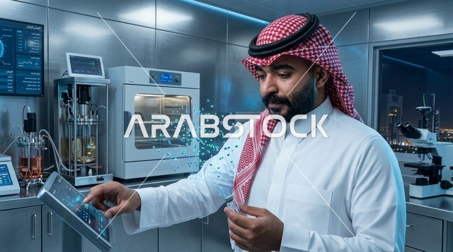 عالم سعودي يعمل في مختبر تقني متطور