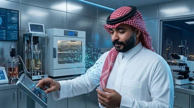 عالم سعودي يعمل في مختبر تقني متطور