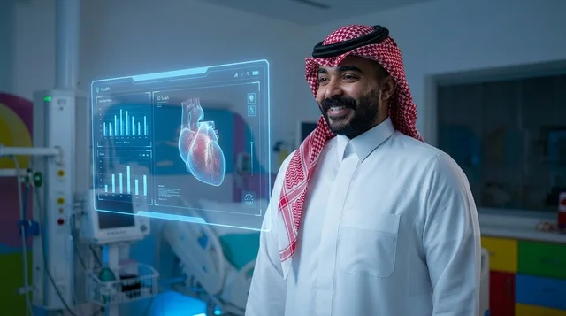 طبيب سعودي يستعرض مجسم قلب هولوغرام في مستشفى حديث