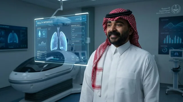 Saudi Man in Futuristic Medical Clinic with Hologram