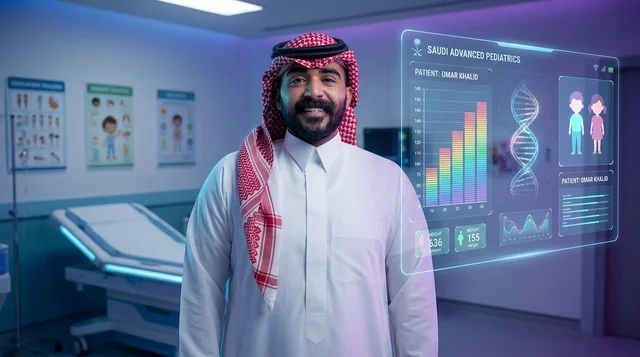 Saudi Doctor in Futuristic Pediatric Clinic with Hologram