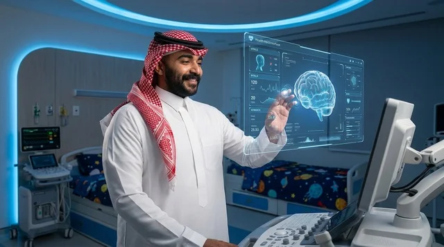 Saudi Doctor Analyzing Holographic Brain Scan in Hospital