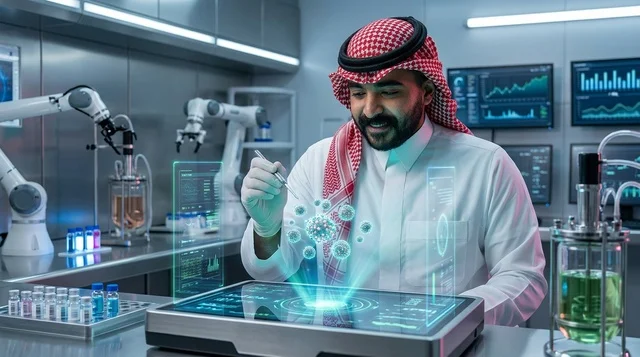 عالم عربي يحلل مجسم هولوجرام في مختبر أبحاث مستقبلي