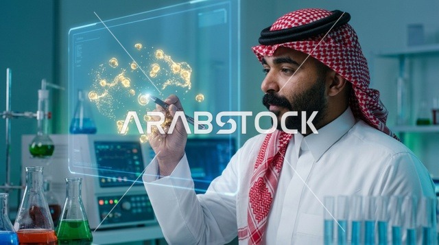 Saudi Arab Scientist in Lab with Hologram Technology
