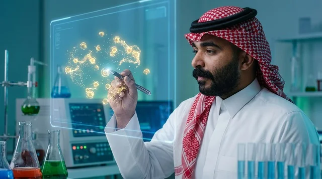 عالم سعودي في مختبر كيميائي مع تقنية الهولوجرام
