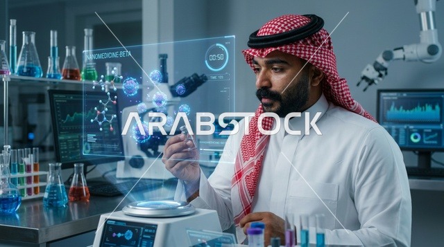 عالم سعودي يجري أبحاثاً علمية في مختبر تقني متطور