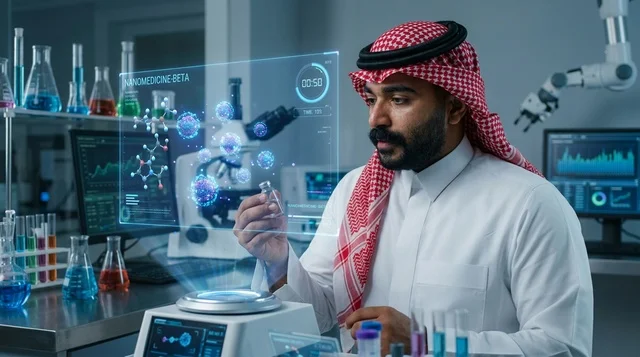 عالم سعودي يجري أبحاثاً علمية في مختبر تقني متطور