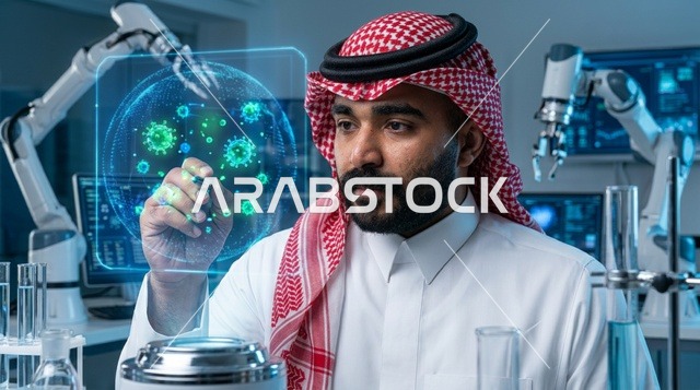 عالم سعودي يستخدم شاشة هولوغرام تفاعلية في مختبر متطور