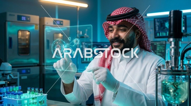 عالم سعودي يتفاعل مع شاشة هولوغرام في مختبر تقني