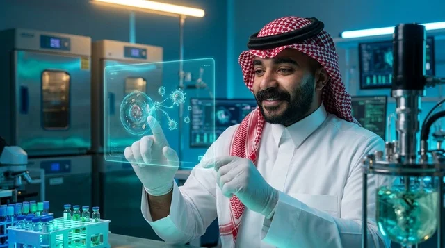 عالم سعودي يتفاعل مع شاشة هولوغرام في مختبر تقني