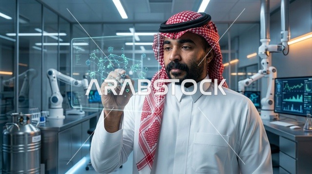 عالم عربي يستخدم شاشة هولوغرام تفاعلية في مختبر حديث
