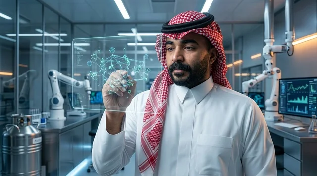 Arab Scientist with Holographic Screen in Modern Laboratory