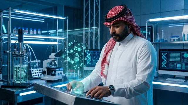عالم سعودي في مختبر مستقبلي مع هولوغرام ثلاثي الأبعاد