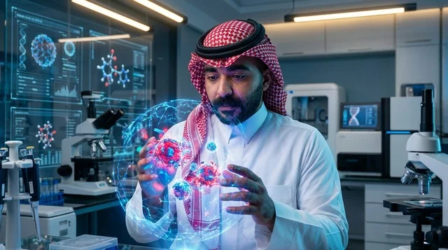 Saudi Scientist with Virus Hologram in Medical Lab