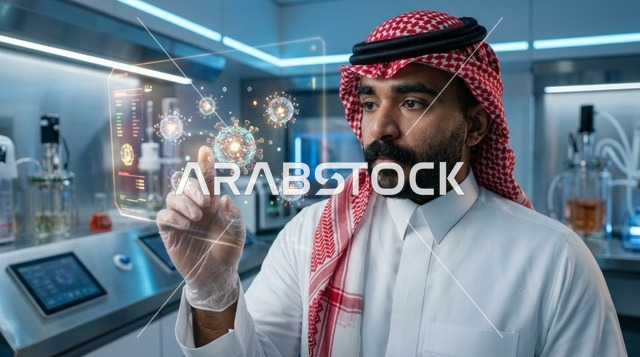 Saudi Scientist in Laboratory Using Hologram Display