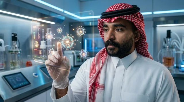 Saudi Scientist in Laboratory Using Hologram Display