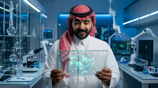 عالم عربي يحمل هولوجرام دماغ متوهج في مختبر متطور