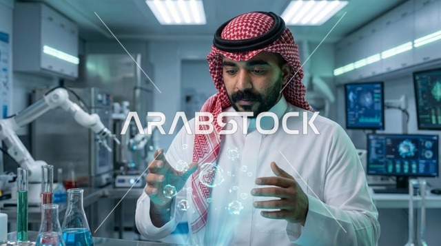 عالم سعودي يتفاعل مع هولوغرام ثلاثي الأبعاد في مختبر