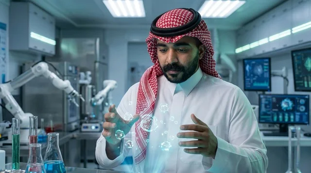 Saudi Scientist in High Tech Lab with Blue Hologram