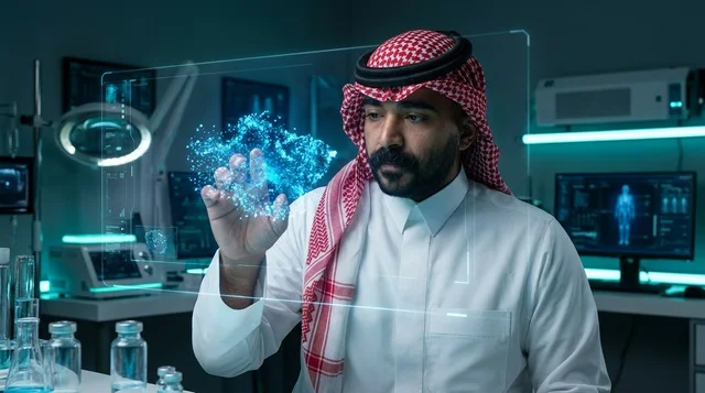 عالم سعودي في مختبر طبي مستقبلي مع شاشة هولوغرام عالم سعودي في مختبر طبي مستقبلي مع شاشة هولوغرام