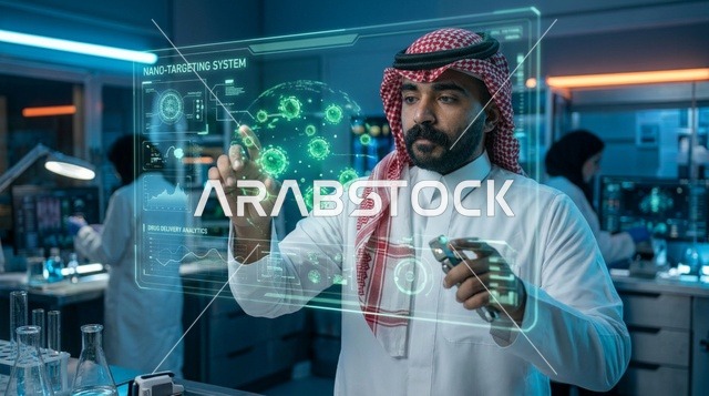 عالم سعودي في مختبر حديث يستخدم شاشة هولوغرام تفاعلية