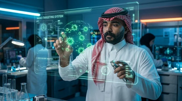 Saudi Scientist in Modern Lab Using Holographic Screen