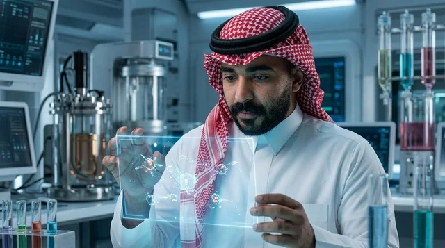 Arab Scientist in Futuristic Laboratory with Hologram