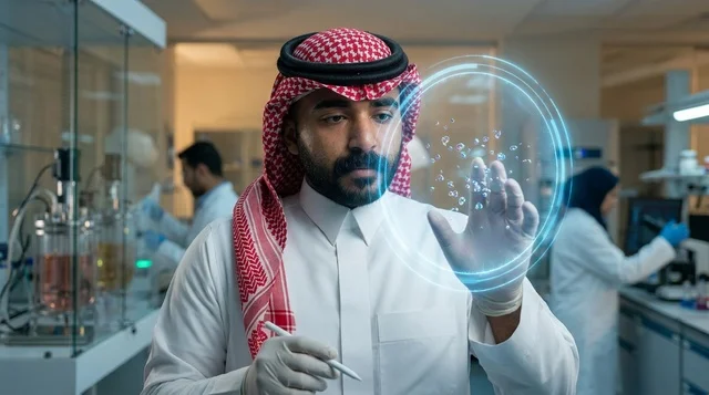 عالم سعودي يعمل مع شاشة هولوغرام في المختبر