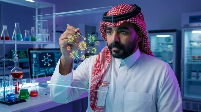 عالم سعودي يحلل الفيروسات عبر شاشة ذكية في المختبر