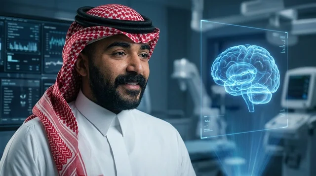 Saudi Doctor Viewing Brain Hologram in Medical Lab