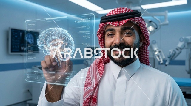 طبيب سعودي يتفاعل مع هولوغرام دماغ في غرفة عمليات