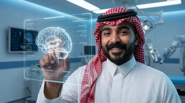 Saudi Doctor Interacting with Brain Hologram in Clinic