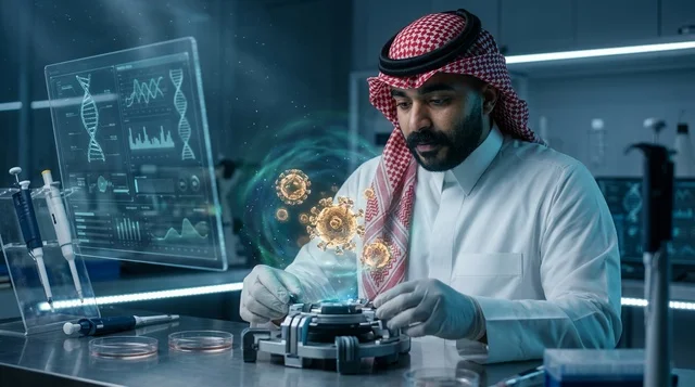 عالم عربي يحلل هولوغرام فيروس في مختبر طبي مستقبلي