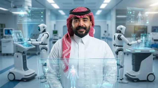 Arab Doctor in Futuristic Hospital with Hologram Screens
