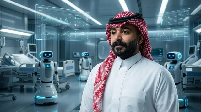 Saudi Man in Futuristic Hospital with Medical Robots