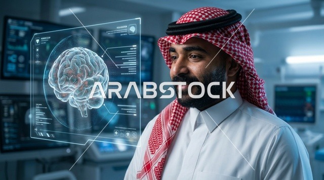 رجل سعودي يحلل هولوغرام الدماغ الرقمي في مختبر طبي حديث