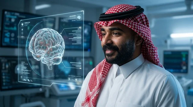 رجل سعودي يحلل هولوغرام الدماغ الرقمي في مختبر طبي حديث