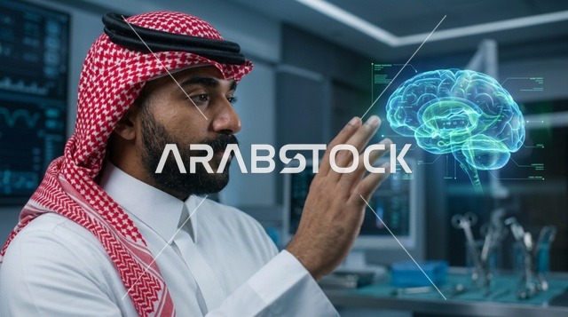 طبيب سعودي يتفاعل مع مجسم ثلاثي الأبعاد للدماغ