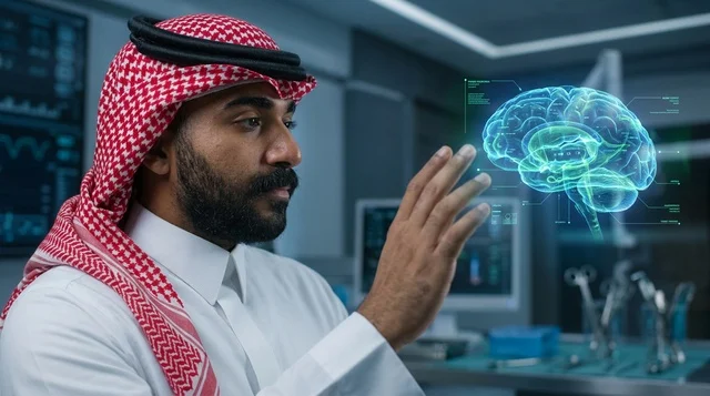 Saudi Doctor Interacting with Brain Hologram in Tech Lab