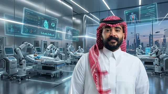 Saudi Man in Futuristic Robotic Hospital Ward in Riyadh