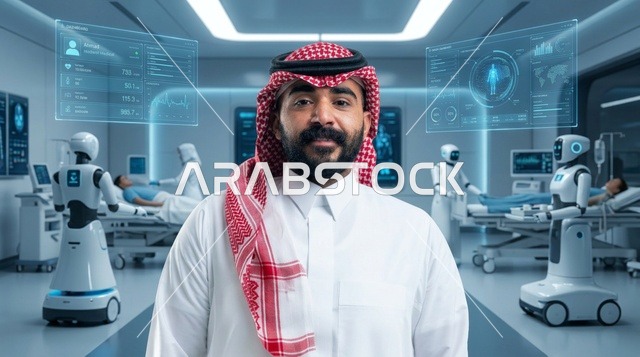 رجل سعودي في مستشفى ذكي مستقبلي مع روبوتات
