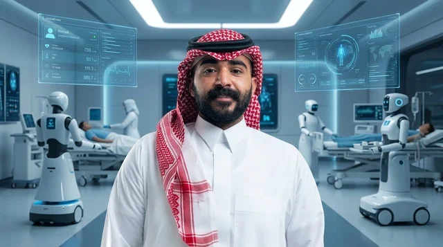Saudi Man in Futuristic Smart Hospital with Robots