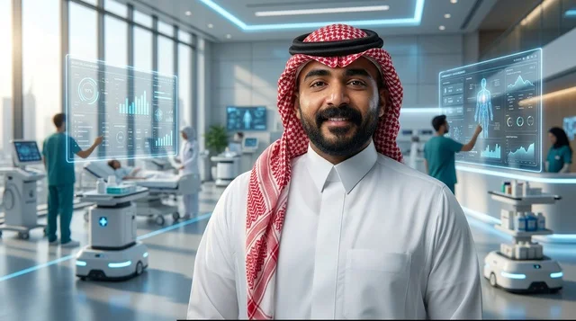 Saudi Man in Futuristic Smart Hospital Environment